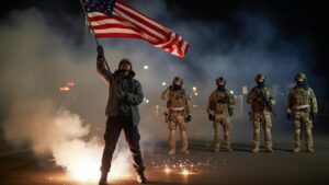 A protester holds an American flag amid smoke and sparks