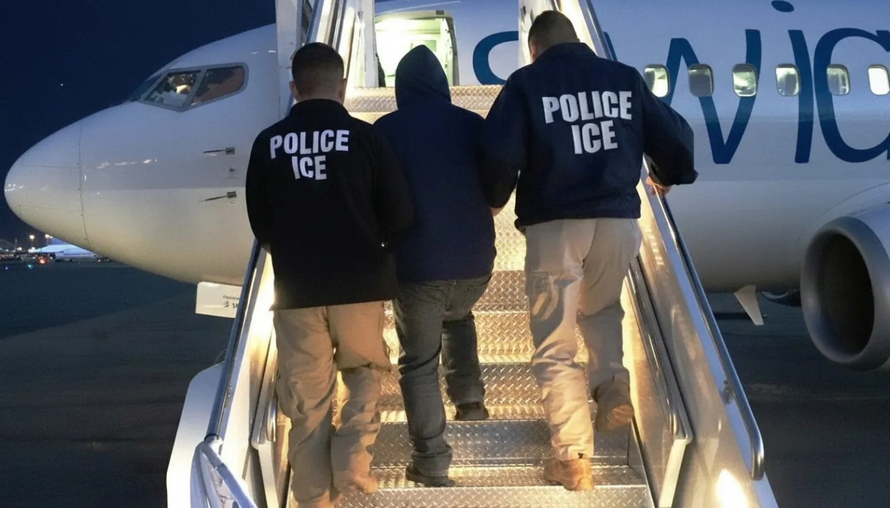 Two ICE officers escort a person in a hoodie up the stairs of an airplane at dusk