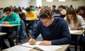 Students in a classroom intensely focus on writing exams