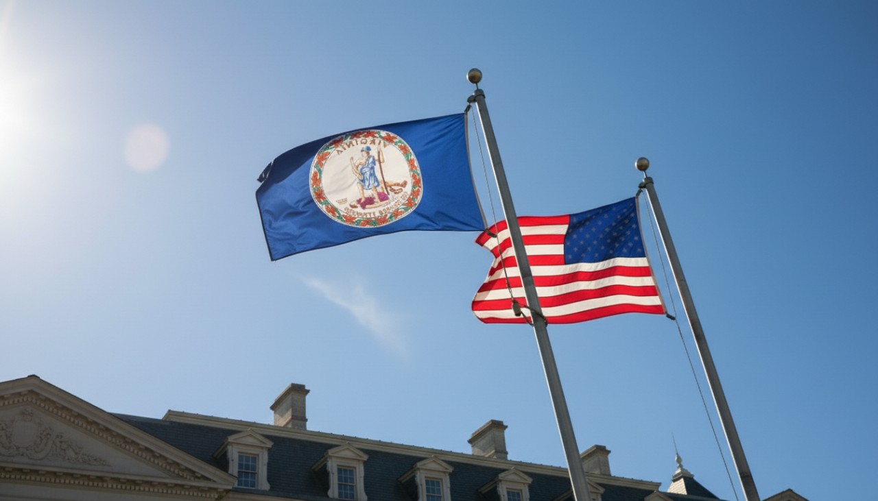Two flags, Virginia state and U.S., wave on flagpoles against a clear blue sky.