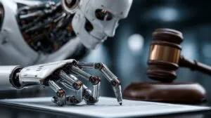 Humanoid robot signing a document beside a judge’s gavel