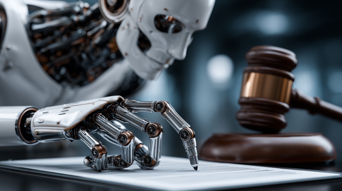Humanoid robot signing a document beside a judge’s gavel