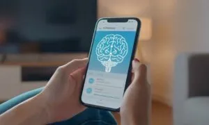 A person holds a smartphone displaying a blue screen with a brain illustration, suggesting a mental health app