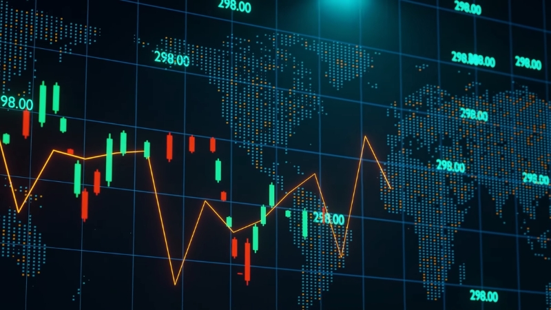 Global stock market chart with falling and rising candles over a world map background