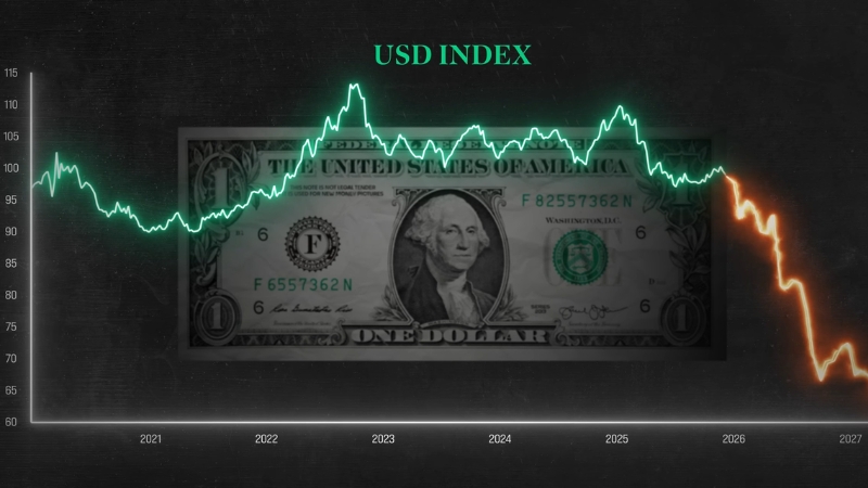 USD Index chart falling sharply into 2026 with a dollar bill in the background