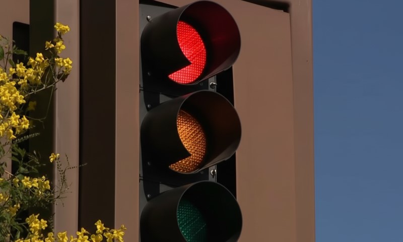 Traffic light in bright daylight shows red, with yellow flowers nearby against a clear blue sky