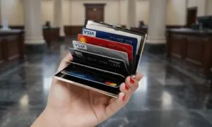A hand holds an open wallet displaying multiple credit cards with various designs