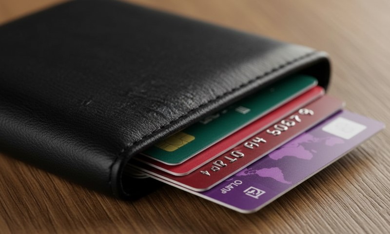 A black leather wallet slightly open on a wooden surface, revealing a stack of colorful credit cards inside