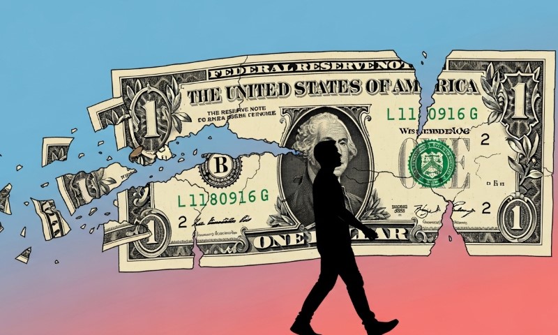 A silhouette of a person walks in front of a large, cracked US dollar bill against a blue and pink gradient background