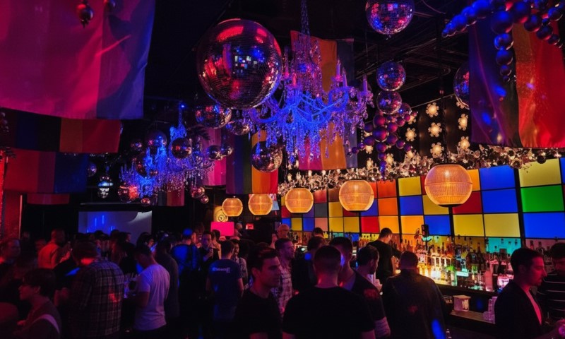A vibrant nightclub scene with colorful lights and disco balls. Crowded bar area where people are socializing