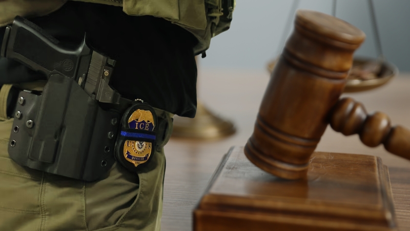 ICE officer standing near a judge’s gavel in a courtroom setting