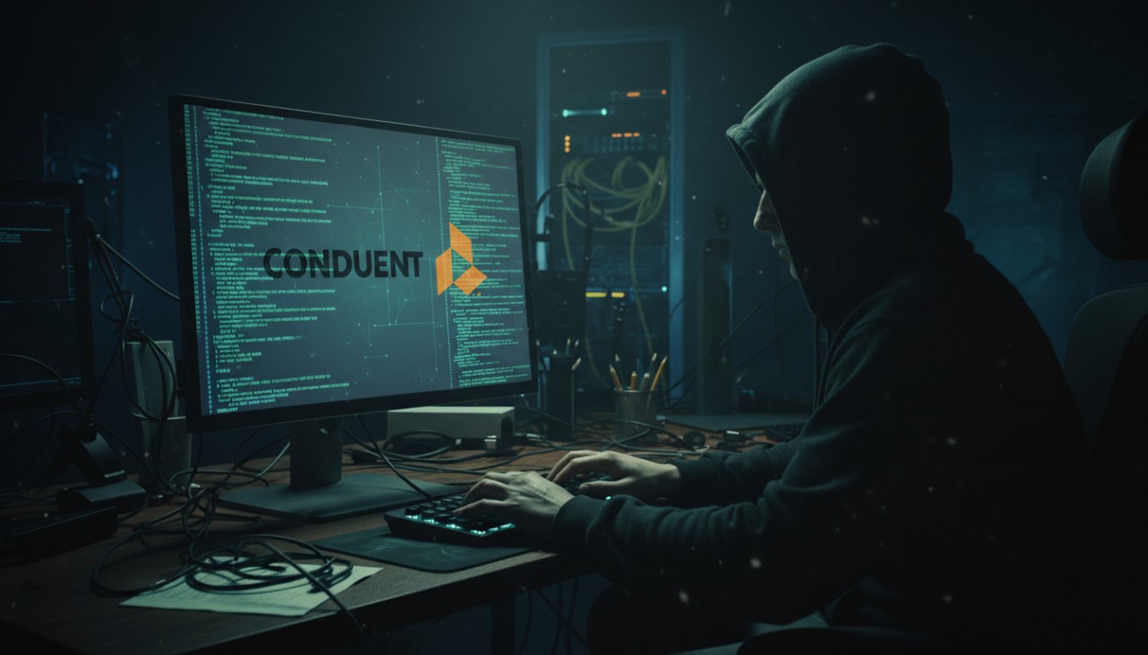 A person in a hoodie works in a dimly lit room, facing a computer with "Conduent" on the screen
