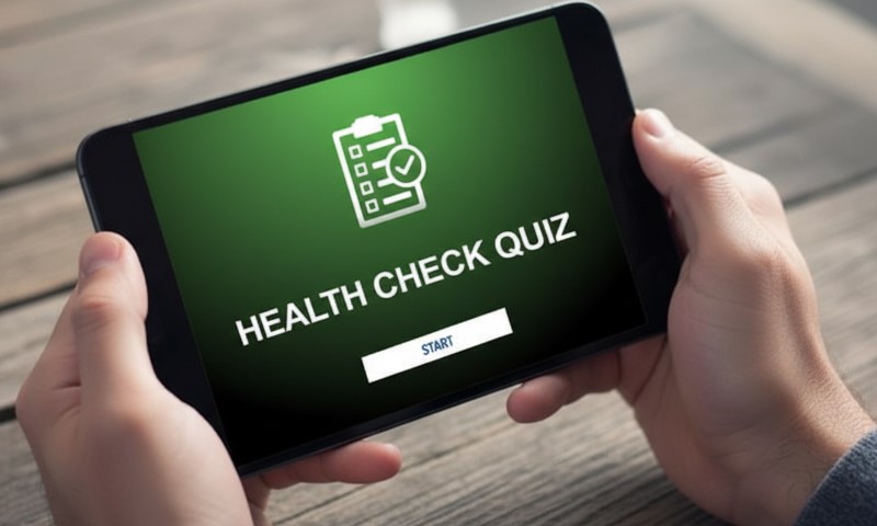 Person holding a tablet displaying a green screen with "Health Check Quiz"