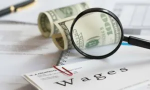 A magnifying glass highlights a document titled "Wages," surrounded by rolled-up US dollar bills