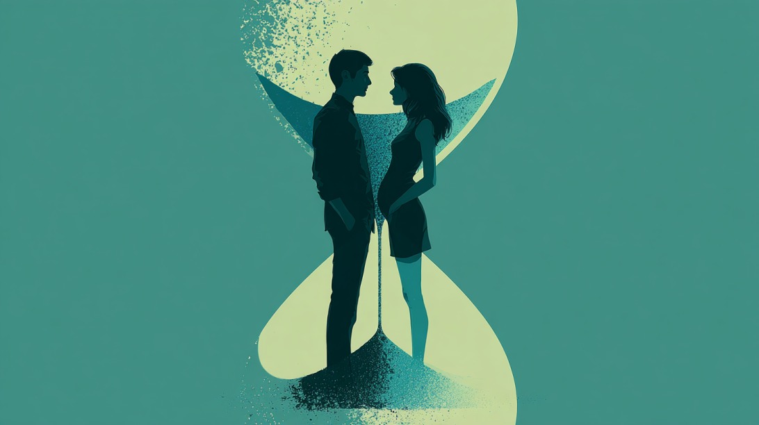 Silhouette of a couple facing each other inside an hourglass illustration