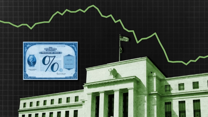 Federal Reserve building with a falling chart and a Treasury bill illustrating pressure on long-term yields