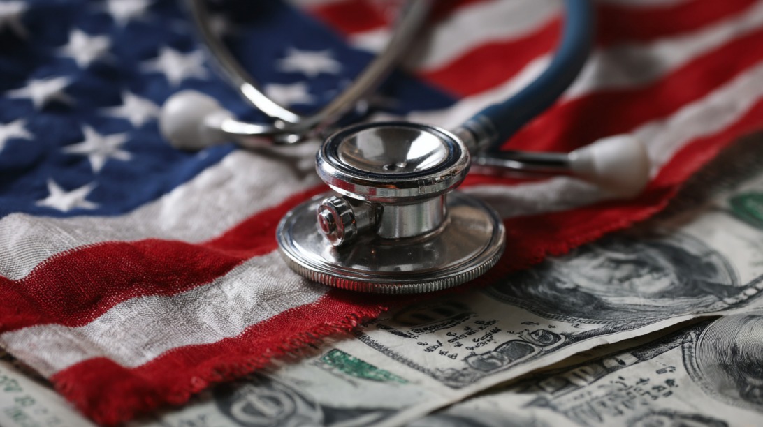 Stethoscope resting on US flag and dollar bills