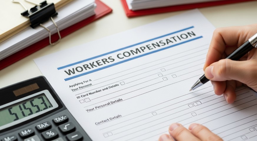 A person fills out a workers' compensation form on a desk with a clipboard and a calculator