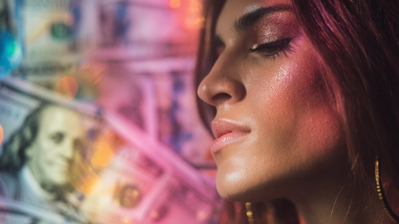 Close-up of a woman’s face with US dollar bills blurred in the background, representing gender-affirming surgery costs