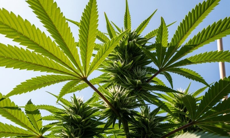 Close-up of vibrant green cannabis plant against a clear blue sky