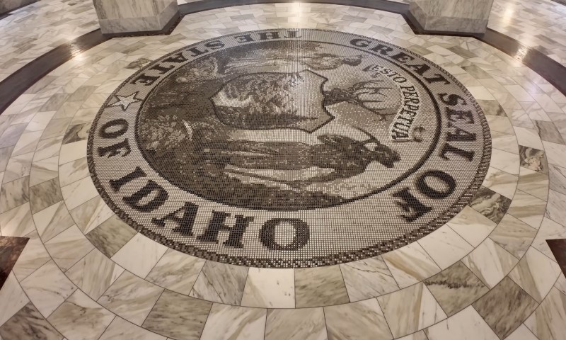 Mosaic of the Great Seal of Idaho on a polished marble floor