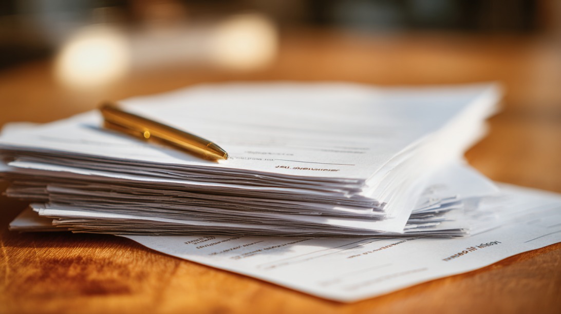 Stack of insurance claim documents with a pen on top