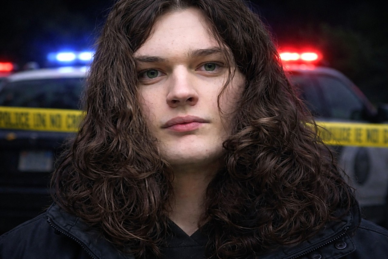 Jesse Van Rootselaar looking intensely into the camera with police lights flashing dimly in the background