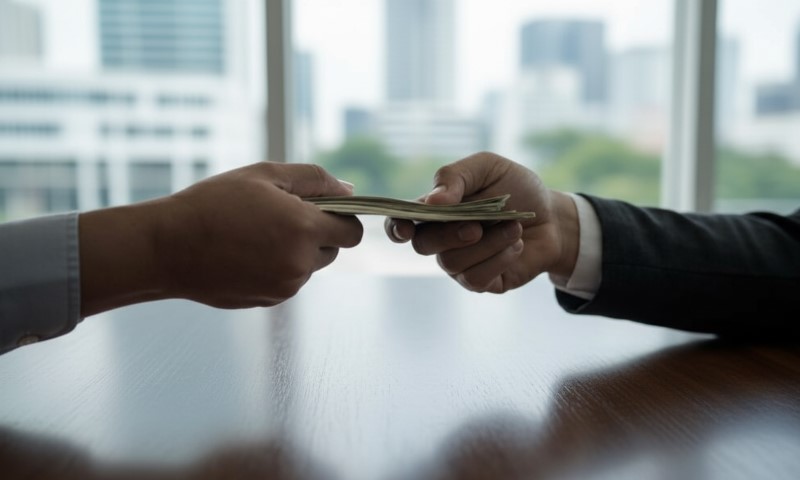 Two hands exchange a stack of cash over a wooden table in an office setting
