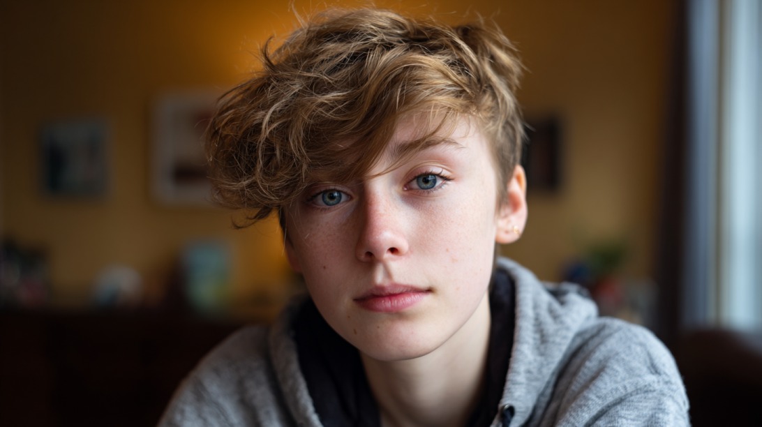 Short haired person with blue eyes looking directly at the camera indoors