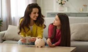 A mother and daughter sit on a couch, smiling warmly at each other. The mother holds dollar bills while the daughter reaches towards a piggy bank on a table