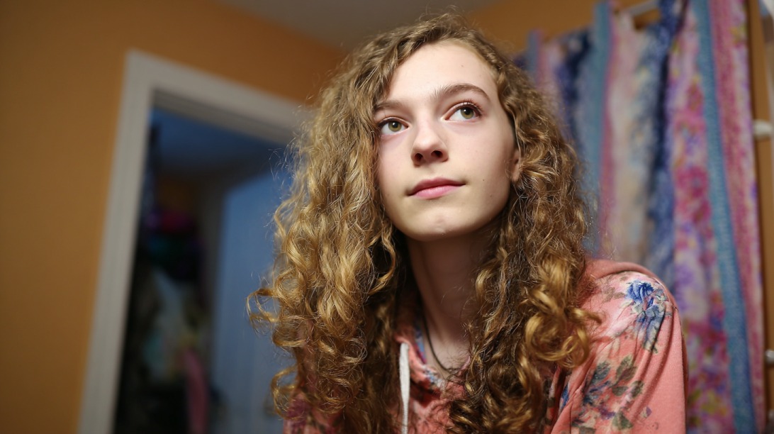 Young person with long curly hair looking thoughtful in a softly lit room