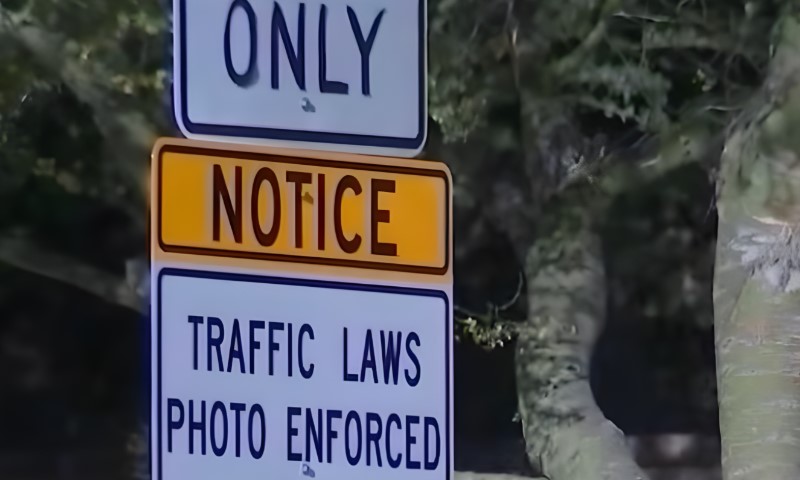 Traffic sign reading "Traffic law photo enforced"