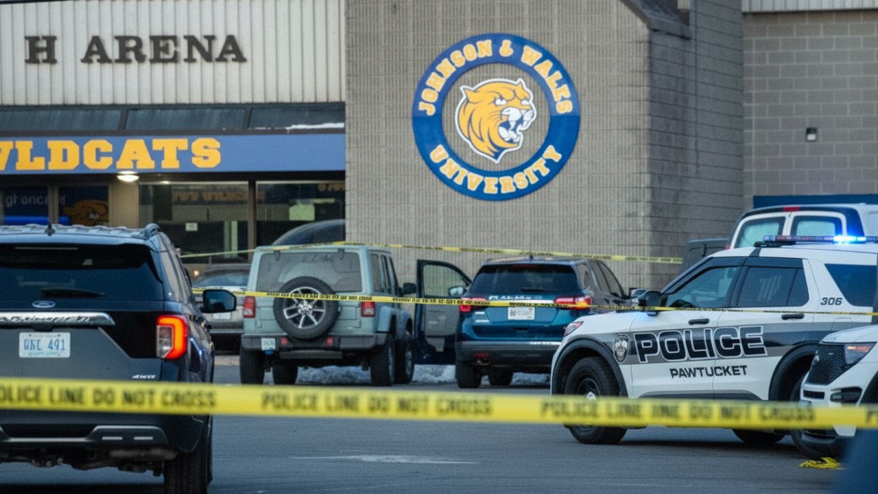 Police cars are parked outside a building with "Johnson & Wales University Wildcats" signage