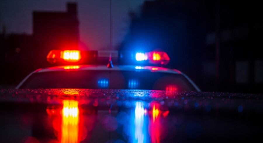 Police car at night with flashing red and blue lights, creating a reflective glow on a wet road