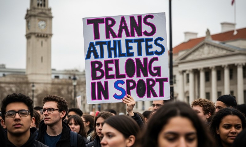 Crowd of people at a protest holding a sign reading "Trans Athletes Belong in Sport."