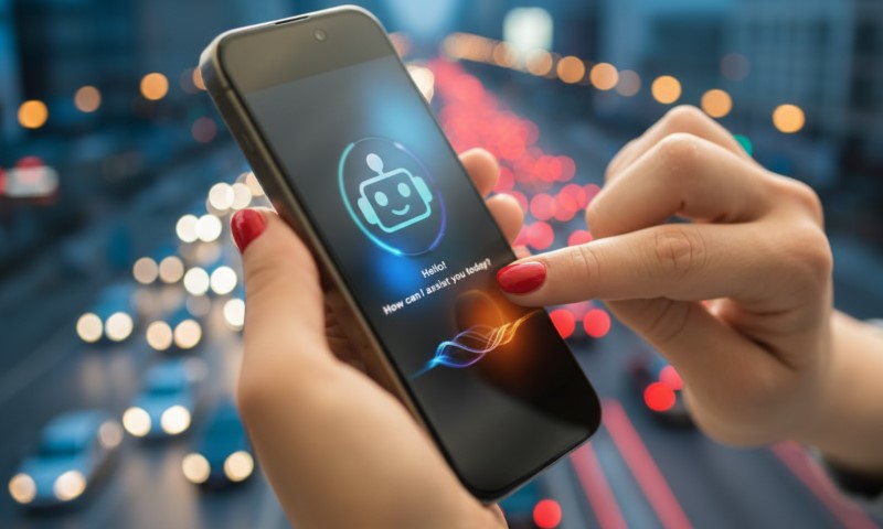 A person with red nail polish interacts with a smartphone showing a friendly AI chatbot