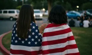 Two people, seen from behind, wrapped in a U.S. flag, stand on a street curb