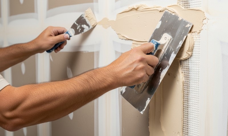 Two hands are applying plaster on drywall with a trowel and putty knife
