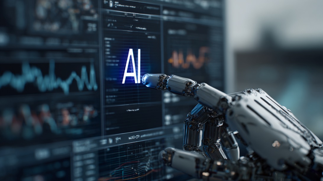 Robotic hand interacting with AI interface on digital screen