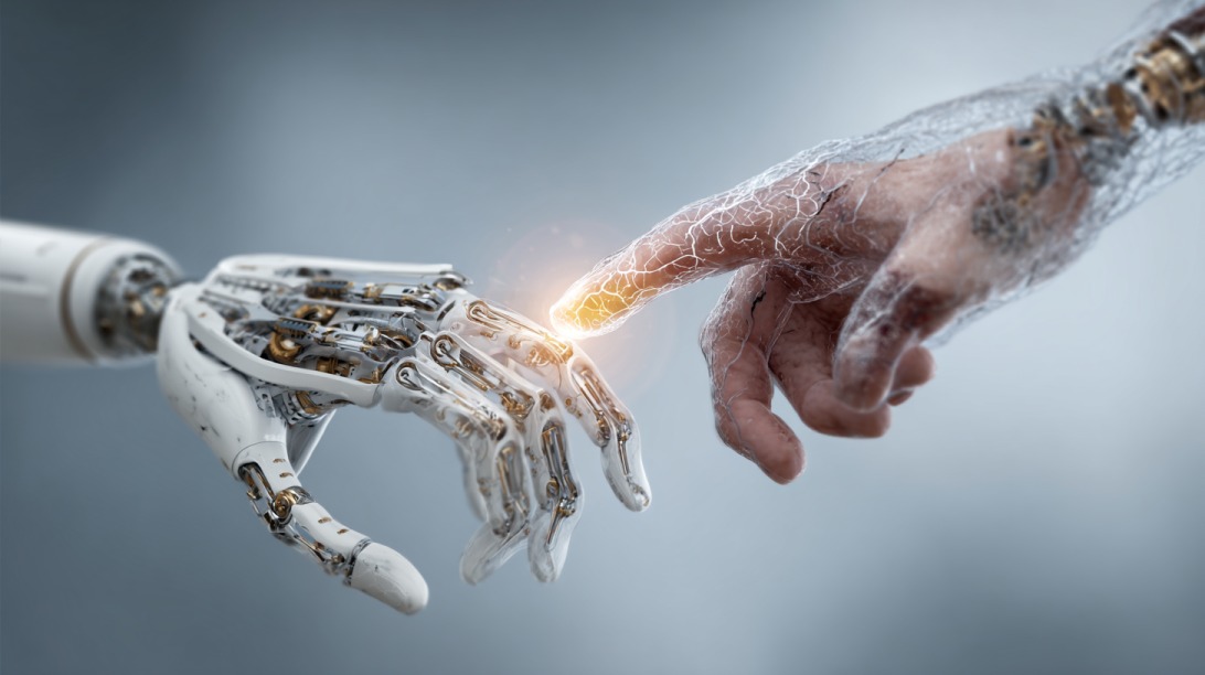 Human finger touching a robotic hand with a glowing connection point