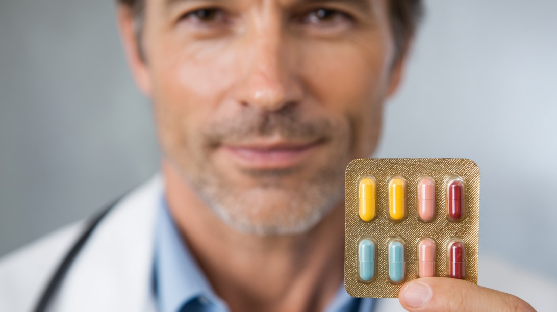 Doctor holding a blister pack of colorful pills in a clinical setting