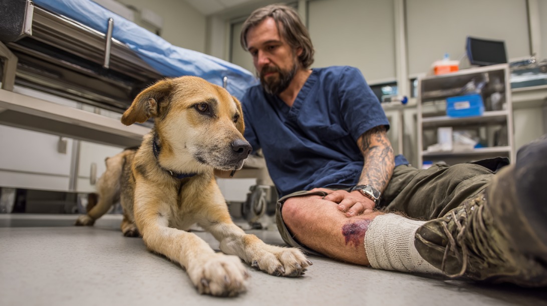 Injured man with a bandaged leg sitting on a clinic floor beside a calm dog