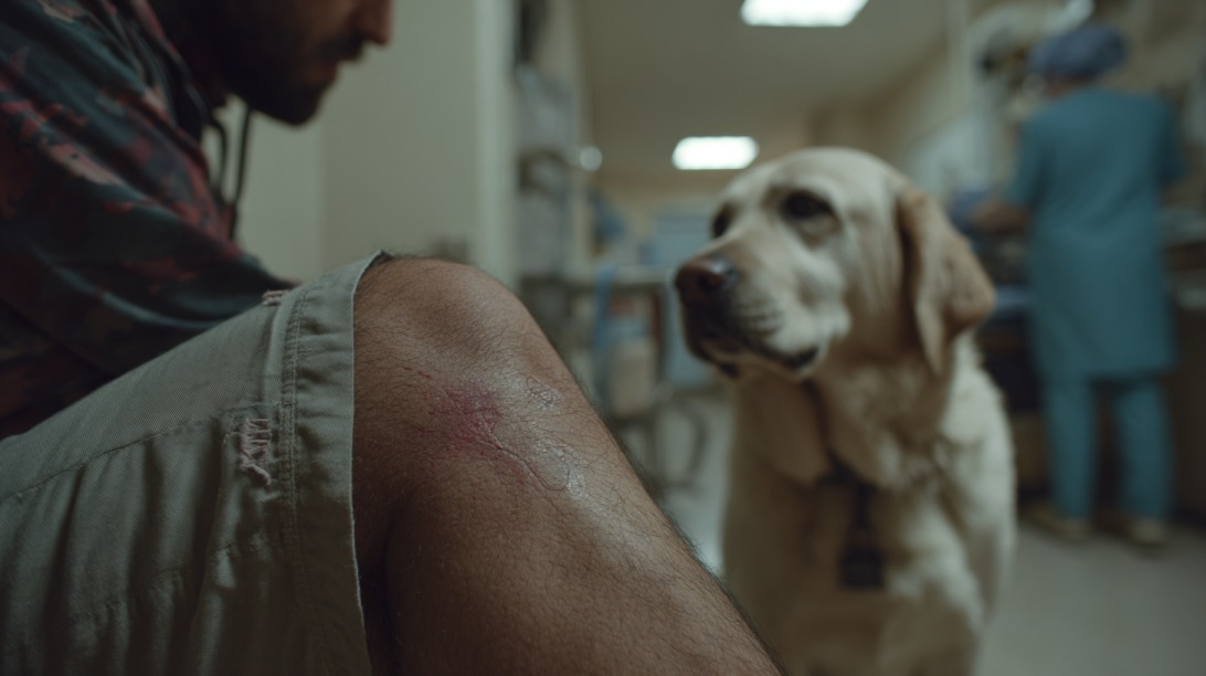 Man with a visible dog bite wound on his leg sitting in a veterinary or medical clinic with a dog nearby