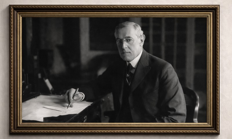 Official portrait photo of Woodroow Wilson in a frame