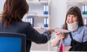 A woman with a neck brace and arm sling sits at a desk, smiling, as she receives a document from another person