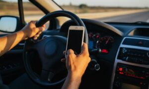 A person drives a car while holding a smartphone, illustrating distracted driving