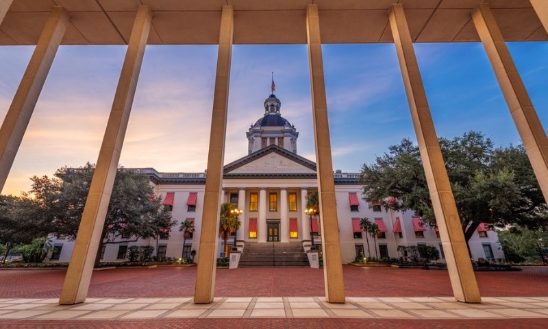Front view of a Florida capitol building framed by tall columns