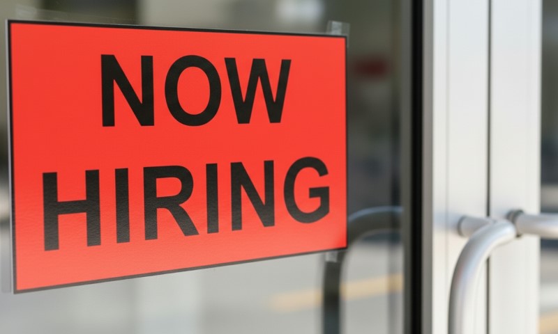 Red "Now Hiring" sign posted on a glass door, indicating job opportunities.