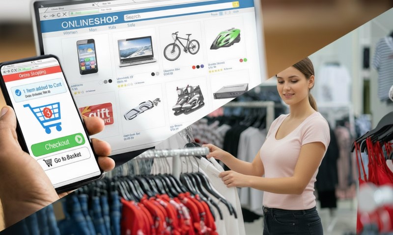 Split image of online and in-store shopping. Left shows a smartphone with an online shopping cart, right shows a woman browsing clothes in a store
