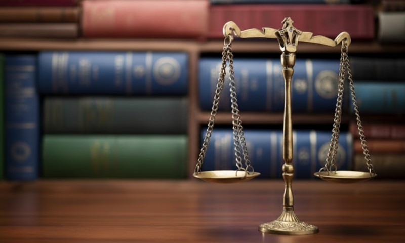 A brass balance scale sits on a wooden desk, symbolizing justice, with rows of law books blurred in the background